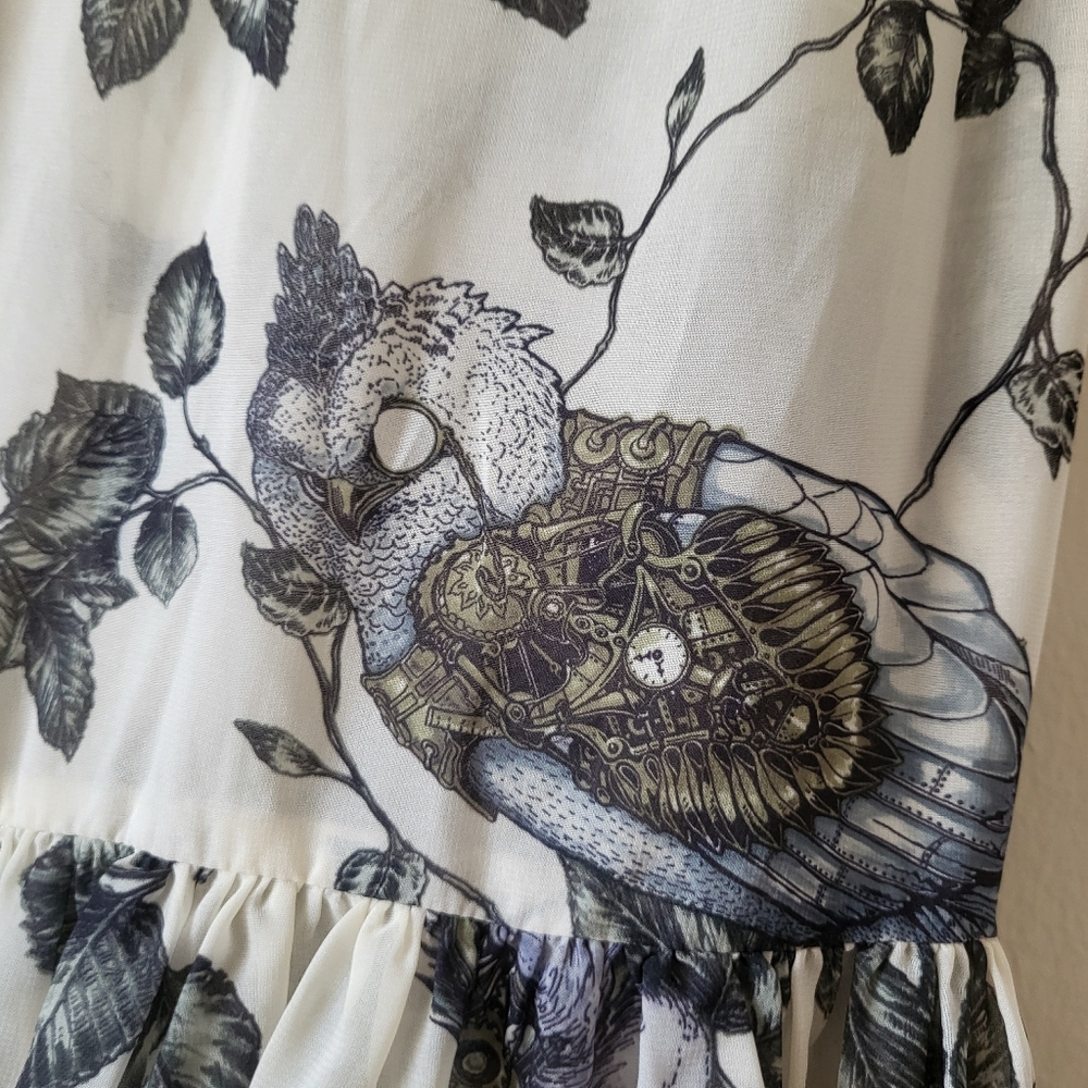 Lip Service Mechanique Menagerie Gothic Victorian Ivory Green Chiffon Blouse M - Picture 5 of 8